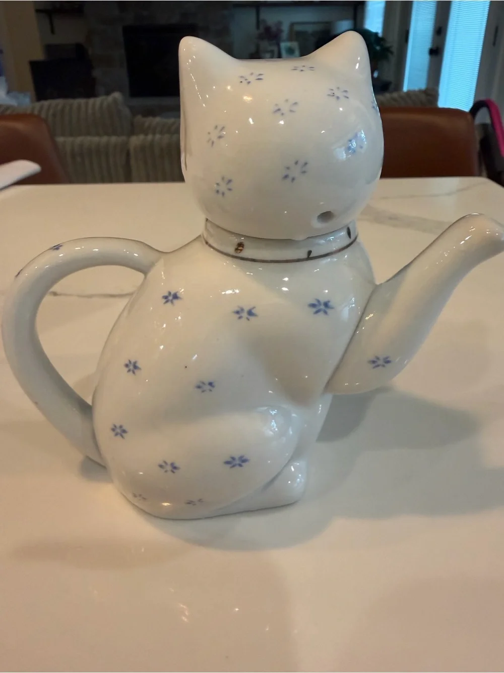 Ceramic White Cat Teapot with Blue Floral Accents